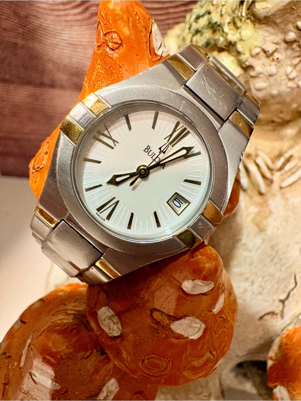 Bulova Silver and Gold Two-Tone Stainless Steel Watch with White Dial